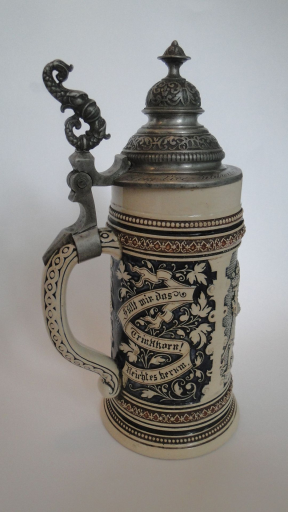 Фото 7. Пивная немецкая кружка Trinken macht weise. Керамика, олово , чеканка. Германия, Reinhold Merkelbach Manufactur, 1910-30-е гг.jpg